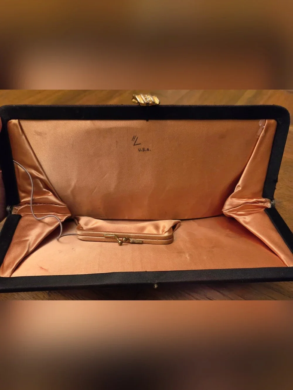 Vintage 1950s Harry Levine H-L USA Black Silk Satin Evening Clutch Rhinestone